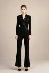 Black Elegant Tuxedo Wide Leg Formal Pant Suits - FashionByTeresa